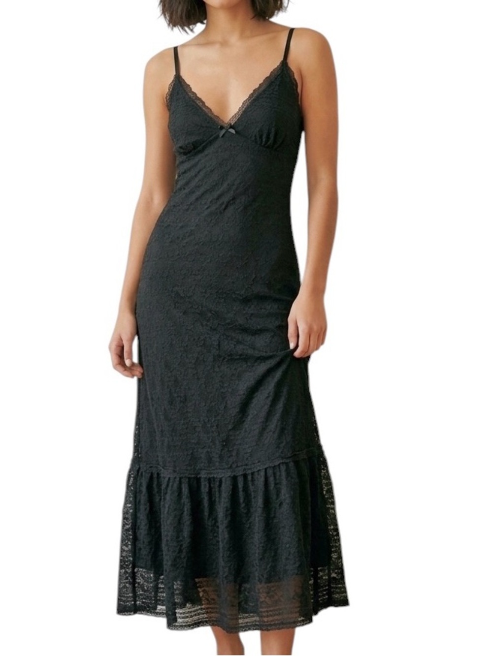 LOVE FIRE New Black Lacey Maxi Dress Spaghetti Straps Flirty Bow Size Medium